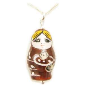 Handpainted Russian Doll Pendant   925 sterling silver chain   Brown 