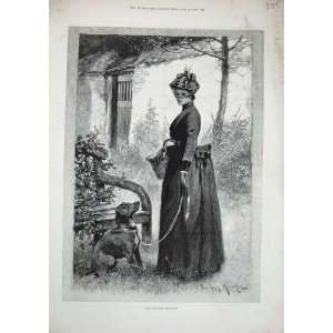   : 1890 Young Woman Puppy Dog Country Bench Wall Gate: Home & Kitchen