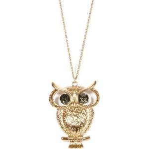 Large Size Detailed Owl Pendant Long Chain Gold Necklace and Earring 