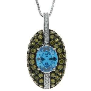   Silver Blue, Green and White Cubic Zirconia Oval Pendant Necklace, 18