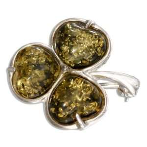  Sterling Silver Green Amber Shamrock Pin Jewelry