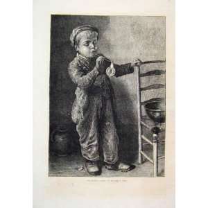  1871 Boy Blowing Bubbles Children Playing Antique Print 