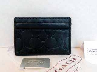 NWT COACH Mens Signature Embossed Card Case Wallet BLACK 74080 w/ dust 