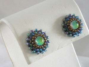 EXQUISITE HANDMADE BEADED BUTTON EARRINGS FAUX OPAL  