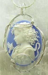 R306 Girl With Dove Cameo Pendant Sterling Silver Blue  