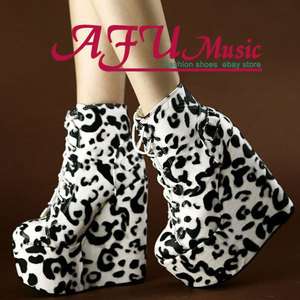   Womens Leopard Wedge Platform Lace Up High Heel Ankle Boots  