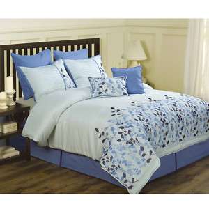 Embroidered Leaves Blue 8 piece Comforter Set ALL SIZES  