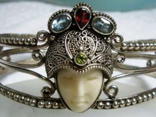 Vintage Sterling Goddess Face Moon Cuff Bracelet Multi Stone~Possibly 