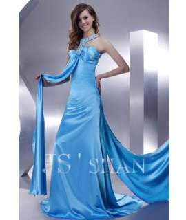 JSSHAN Blue Halter Satin Bead Party Ball Formal Prom Gown Evening 