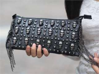 New Girls Black PU Leather Handbag Skull Accessories Clutchs Shoulder 