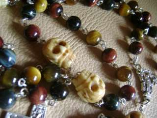 SO RARE Handmade Bone Skull & Tiger Eye Jade Beads ROSARY San Damiano 