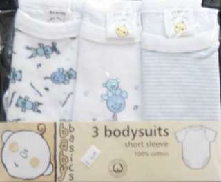 Baby Basics 3 Pack Blue Teddy Bodysuits 0 3 months  