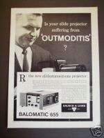 1961 BALOMATIC 655 Bausch & Lomb SLIDE PROJECTOR AD  