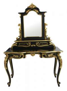 French Designer Black & Gold Dressing Table with Mirror Luxury Bedroom 