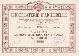   French Chocolate Chocolaterie dAiguebelle Stock Cert