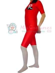 Red And White Spandex Short Sleeves Female Catsuit