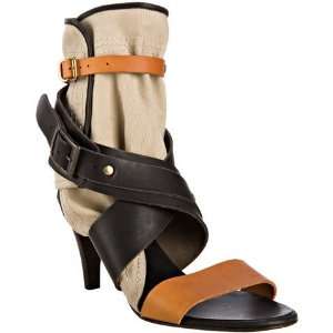  amber and brown leather and canvas cut out sandals 