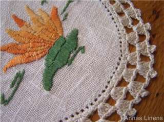 Vintage Linen Doilies Hand Embroidered Lotus Flowers Lace Trim  