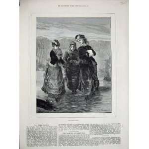  1879 Antique Fine Art Ice Skating Young Women Winter