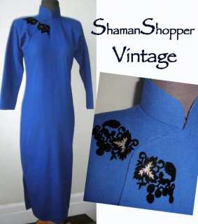   . Exquisite Velvet Applique Wool Jersey Cheongsam Asian Pin Up Dress