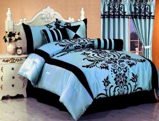 NEW Bed in a bag Black/Light blue Satin Comforter Set  