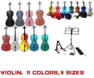 PINK BLACK BLUE PURPLE GREEN Cello+Bag+Bow+Violin+Case  