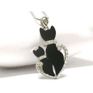 Adorable Mommy Kitty with Baby Kitten Black Onyx Look Charm Necklace 