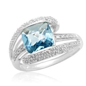   Checkerboard Cushion Cut Blue Topaz & Diamonds Bridge Ring, Size 5