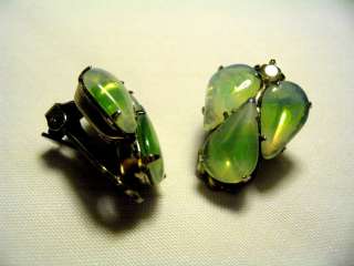 Vintage Green Opalescent and AB Rhinestone Clip On Earrings  