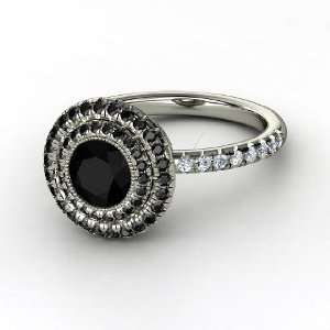 Natalie Ring, Round Black Onyx 14K White Gold Ring with Black Diamond 