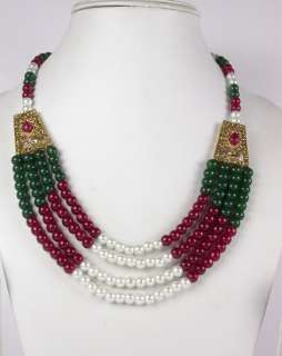 DESIGNER FAUX RUBY EMERALD PEARL 4 ROW NECKLACE EARRING  