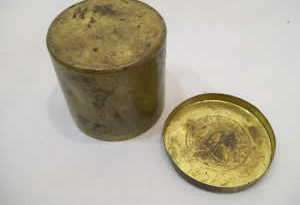 Paper Fasteners round brass tin container with eagle design on top lid 