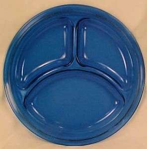   BLUE DEPRESSION GLASS DIVIDED PORTION PLATE w SILVER BAND ? Maker