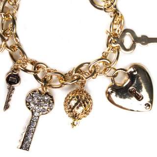 Gold Heart Key Lock Rhinestone Romantic Charm Bracelet  