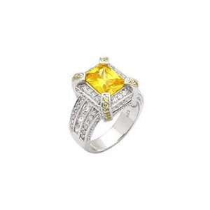 Yellow Emerald Cut Cubic Zirconia Ring In Two Tone Sterling Silver and 