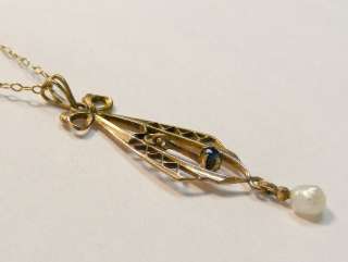 VICTORIAN 10K YELLOW GOLD BLUE TOURMALINE & PEARL LAVALIER NECKLACE 