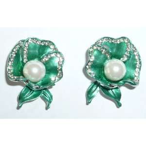 Green Enamel Flower with Pearl Pierced Earrings: Jewelry