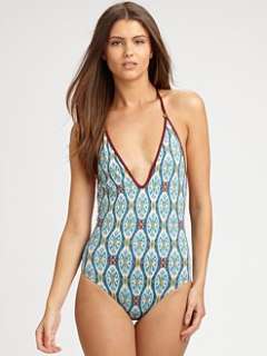 Tory Burch   Print Plunge Front One Piece Swimsuit