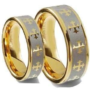 Tungsten Carbide His (8mm) & Hers (6mm) Gold Celtic Cross 