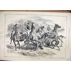  1883 Horse Race Jumping Fence Falling Riders Old Print 