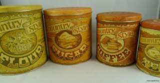 Vintage Tin Litho Canister Set Country Style Flour Sugar Tea Retro 