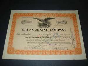 Old 1921 GRUSS MINING Co. Stock Certificate   CA.  