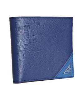 Prada blue saffiano leather two tone bi fold wallet with coin pocket 