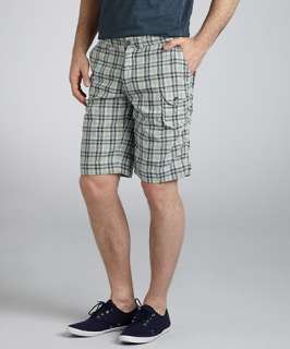 Gilded Age navy plaid cotton Hollywood flat front shorts