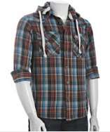 Just A Cheap Shirt blue plaid cotton flannel hooded button front shirt 