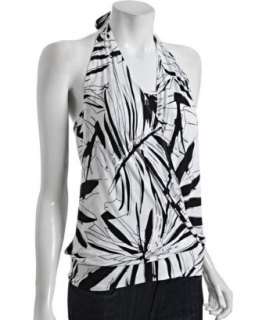 Three Dots black jersey tropical floral draped halter top   up 