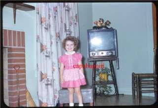   Photo Kid Pretty Little Girl In Pink Dress By Television TV Set  