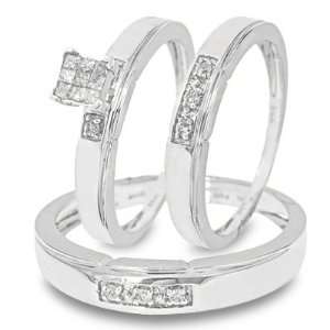 Round Princess Cut Diamond Matching Ring Set 10K White Gold Three Ring 