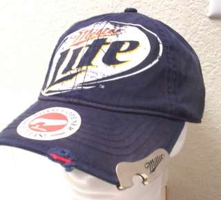 Miller Lite Beer Bottle Opener Cap Distressed Blue Hat  