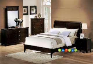 Espresso Modern Queen Size Sleigh Bed Frame Set Bedroom  
